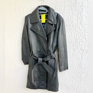 Cooper collection black leather coat trench blazer large lapels medium women